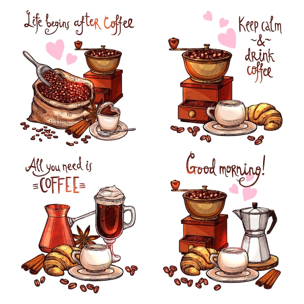 set van koffie geïsoleerd op wit