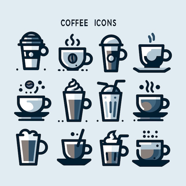 Set van koffie vector iconen op blauwe pastel achtergrond Eenvoudige platte uitstraling Geïsoleerde items