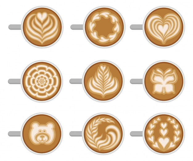 Vector set van koffiekopjes met verschillende latte art, bovenaanzicht. frisse en smakelijke cappuccino. warme ochtenddrank