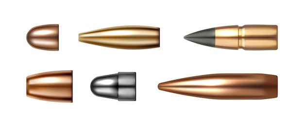 Set van kogelpictogrammen geïsoleerd op wit vector cartridges wapen munitie soorten en maten in realistisch