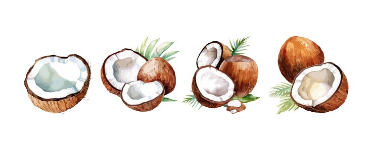 Set van kokosnoot aquarel geïsoleerd op witte achtergrond Zomer strand fruit schilderij vectorillustratie