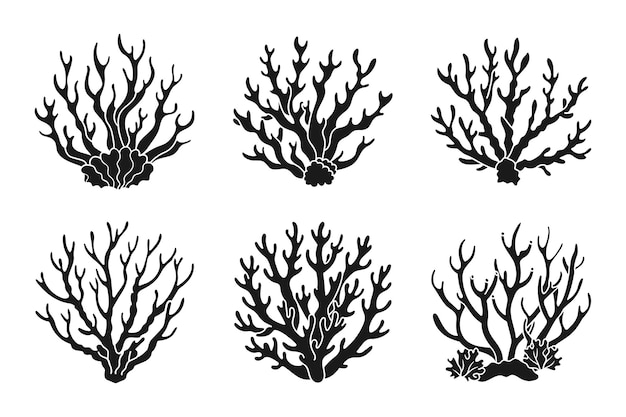 Vector set van koraalriffen of algen onderwaterplanten set van zee koraal iconen zwarte silhouet vector