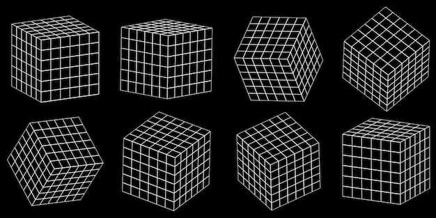 Set van kubussen 3D-modellen met perspectief Vector illustratie op zwarte achtergrond