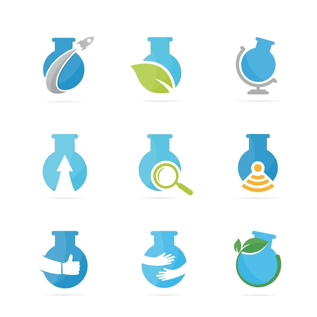 Set van labflessen logo combinatie gloeilamp en kolf symbool of icoon Unieke wetenschap en laboratorium logo ontwerp sjabloon