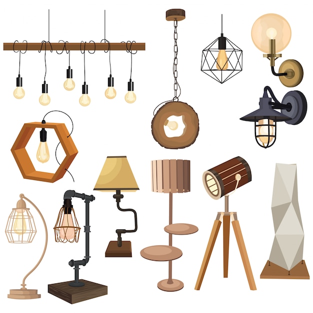 Set van lampen in de loft-stijl. verzameling lampen. platte illustraties van moderne armaturen.