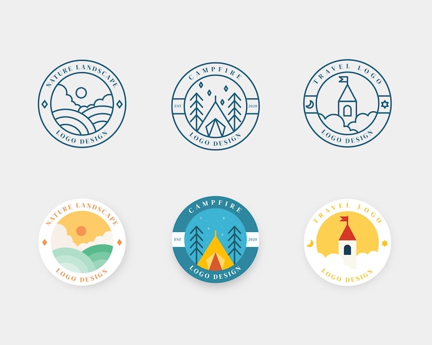 Set van landschap badge ontwerp. avontuur en reizen logo-embleem in plat ontwerp. logo