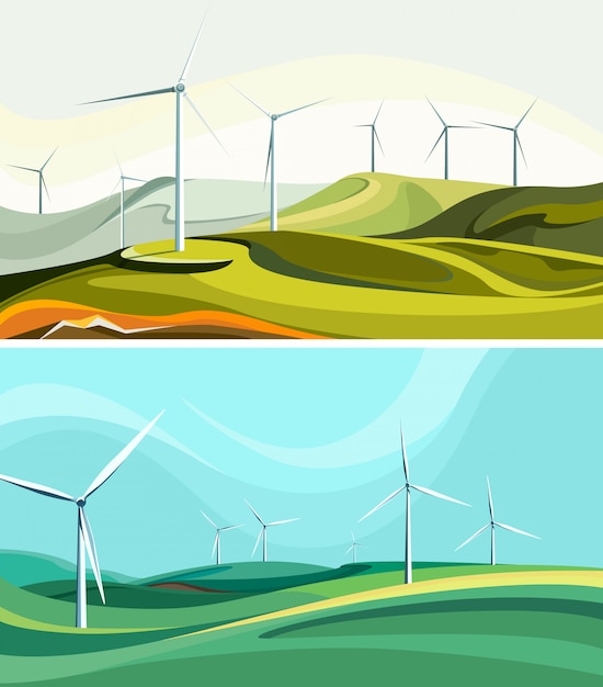 Vector set van landschappen met windparken.