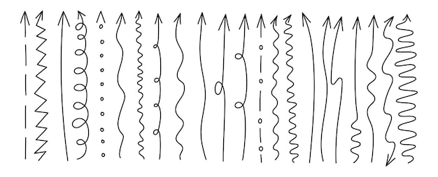 Vector set van lange doodle pijlen in schets stijl pijlen van verschillende vormen zijn recht en afgerond