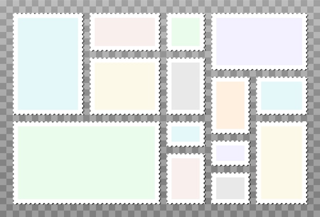 Vector set van lege postzegels geïsoleerd op transparante achtergrond. lege sjablonen met plaats voor uw afbeeldingen en tekst.