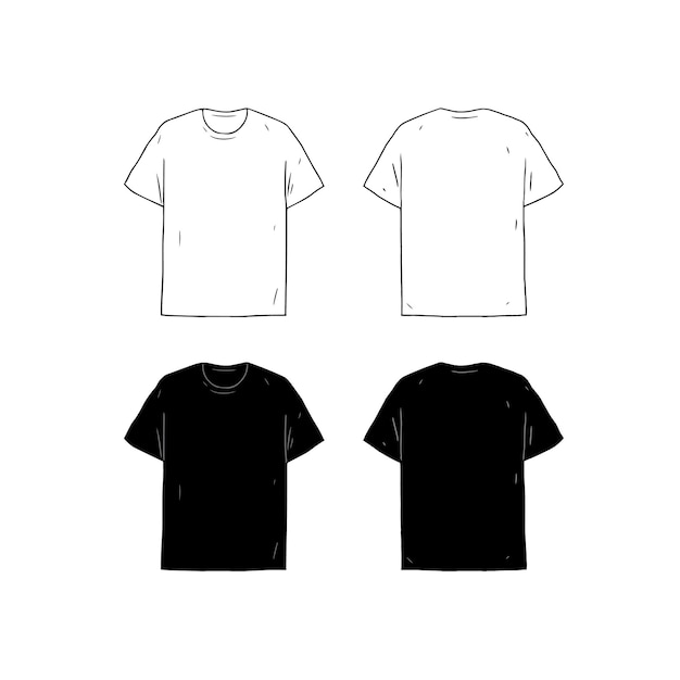 Set van lege Tshirt ontwerp sjabloon hand getekende vectorillustratie Voor- en achterkant zijden