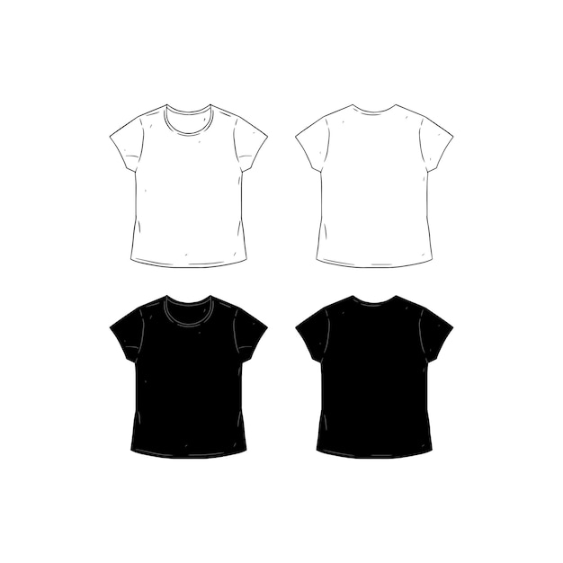 Set van lege vrouwelijke Tshirt ontwerp sjabloon hand getekende vectorillustratie Voor- en achterkant shirt zijkanten