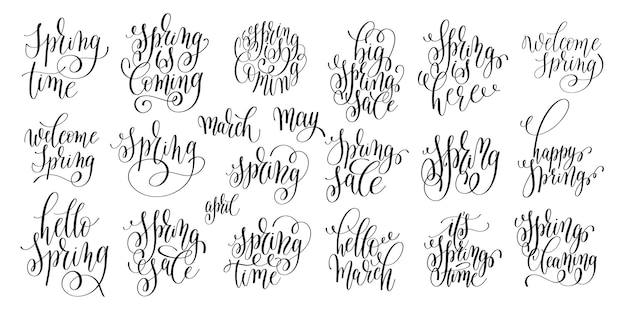 Vector set van lente komende handgeschreven belettering inscriptie, kalligrafie vector illustratie collectie