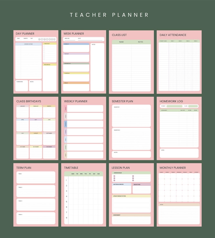 Vector set van leraar en student school planner vector sjabloon op kleurrijke achtergrond met kleurovergang