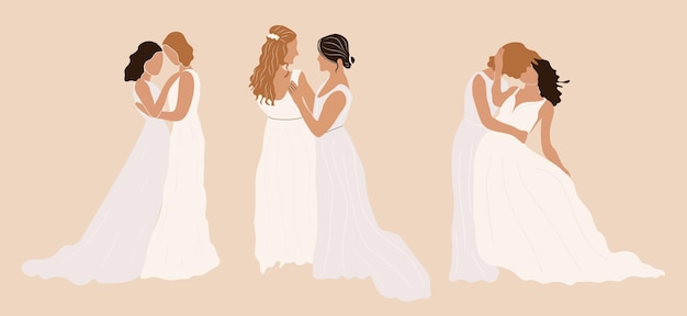 Set van lesbische en homo pasgetrouwde koppels platte vectorillustratie. verzameling van schattige lgbt-huwelijk