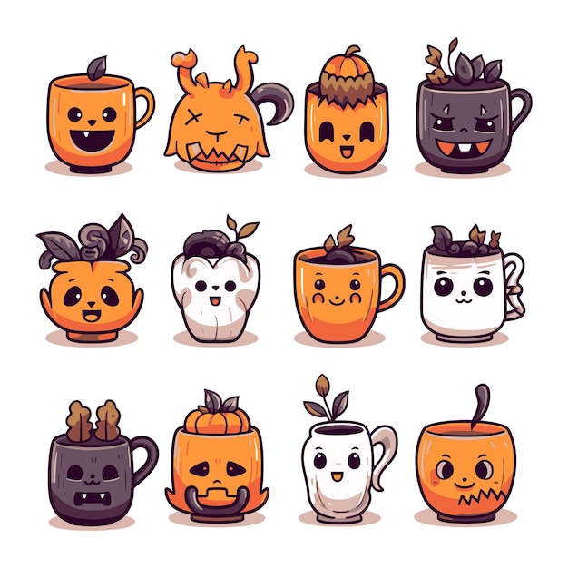 Set van leuke en griezelige halloween cup Cartoon vectorillustratie