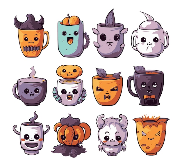 Set van leuke en griezelige halloween cup Cartoon vectorillustratie