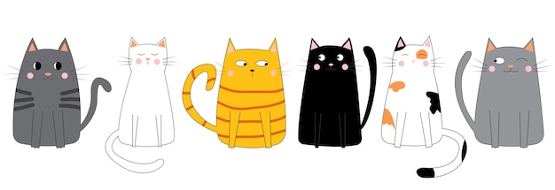 Set van leuke grappige kleurrijke katten Doodle cartoon stijl Vector illustratie geïsoleerd