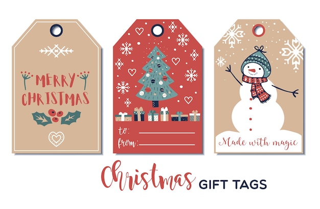 Set van leuke kerstcadeau-tags in de hand getekende doodle-stijl Vector wenskaartontwerpen