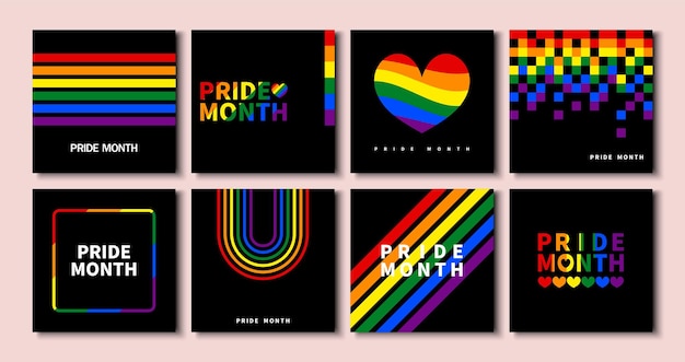 Set van lgbt pride month-banner verzameling van moderne zwarte sjablonen vierkant voor lgbt pride month