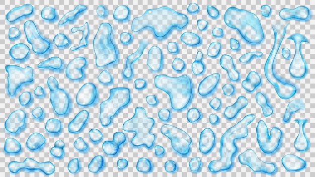 Set van lichtblauwe transparante druppels met schaduwen, liggend op een oppervlak
