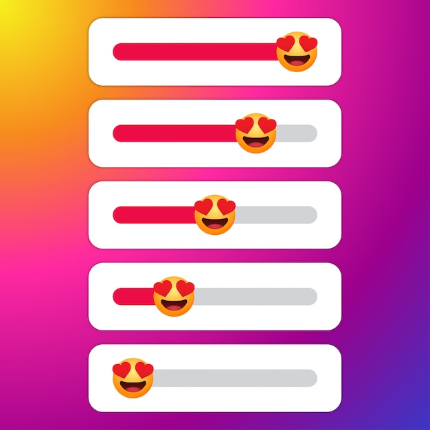 Set van liefde schuifregelaar met emoticon voor sociale media.