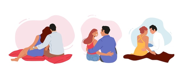 Vector set van liefdevolle paren knuffelen zittend op geruite man en vrouw daten op picknick omarmen achteraanzicht minnaar relaties