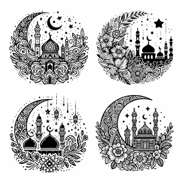 Vector set van lijnkunst ramadan badges met moskeeën en ornamenten