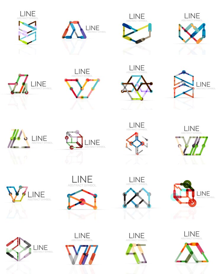 Vector set van lineaire abstracte logo's verbonden veelkleurige segmenten lijnen in geometrische figuren