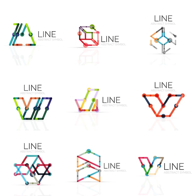 Set van lineaire abstracte logo's verbonden veelkleurige segmenten lijnen in geometrische figuren