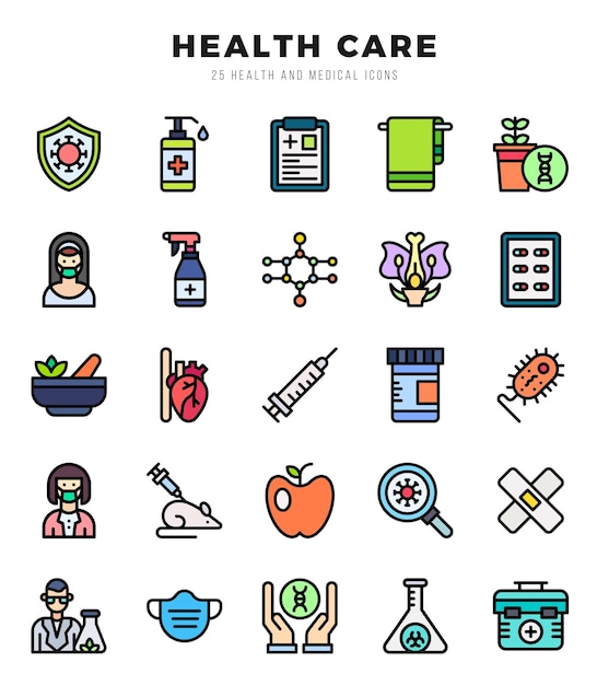 Set van lineaire kleur HEALTH CARE iconen lineaire kleur kunst icoon vector illustratie