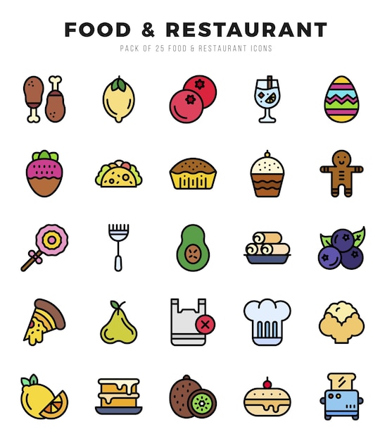 Set van lineaire kleur Iconen van voedsel en restaurants Lineaire kleur kunst icoon Vector illustratie