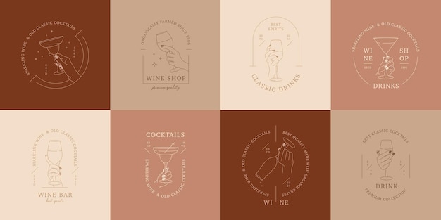 Vector set van lineaire logo's of embleem sjabloon voor alcohol winkel wijnbar drankje winkel cocktailcafé handen in verschillende gebaren houden glazen drank vectorillustraties geïsoleerd op kleurrijke vierkanten