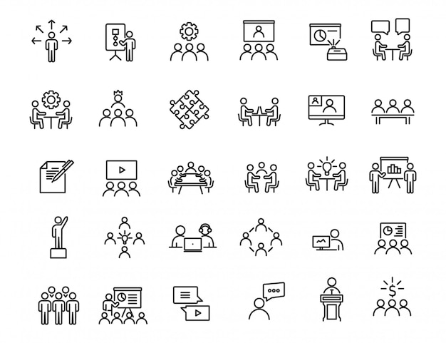 Set van lineaire pictogrammen bedrijfs van opleiding. workshoppictogrammen in eenvoudig ontwerp