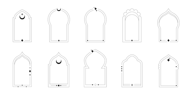 Vector set van lineaire stijl islamitische ramen bogen en deuren in boho stijl collectie van oosterse stijl arabische grenzen arabische minimale vorm boog ontwerp element voor ontwerp label banner ramadan kareem