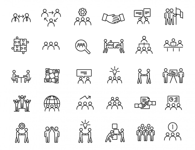 Set van lineaire teamwerk iconen. communicatie pictogrammen in eenvoudig ontwerp.