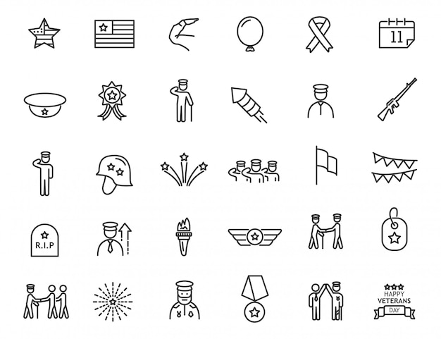 Set van lineaire veterans day iconen. militaire pictogrammen in eenvoudig ontwerp.