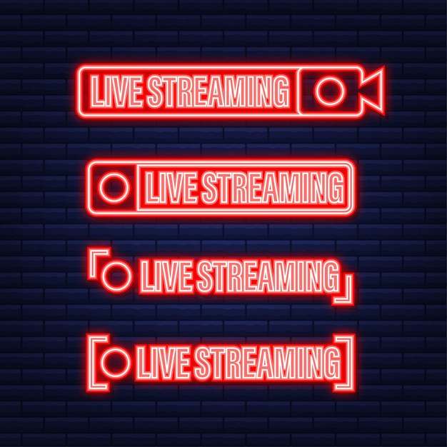 Set van live streaming iconen. uitzending. rode symbolen en knoppen van live stream, online stream. neon icoon. vector voorraad illustratie.