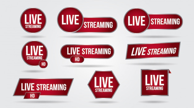 Set van live video streaming iconen logo tv nieuws banner interface. rode symbolen onder derde sjabloon