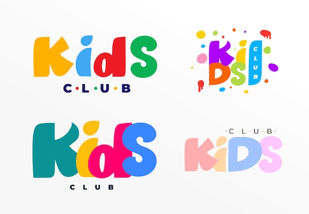 Set van logo belettering kinderen kleur cirkels zeepbel leuk ontwerp sjabloon schildren kledingwinkel kleuterschool kids club school kanaal speelgoed winkel vectorillustratie geïsoleerd op witte achtergrond