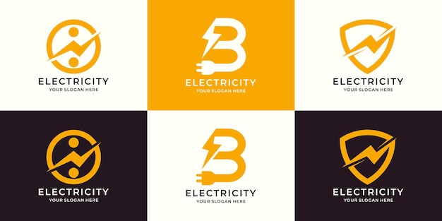 Set van logo-combinatie van elektrische stekker letter b bliksemschicht schild