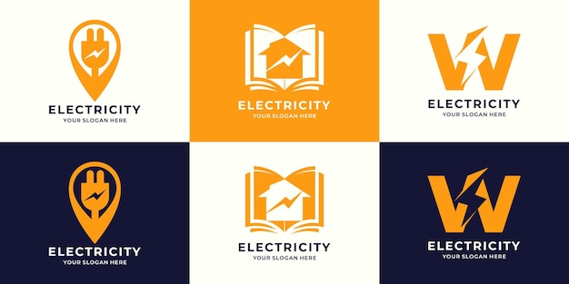 Set van logo-combinatie van elektrische stekker locatieboek bliksemschicht huisletter w flash