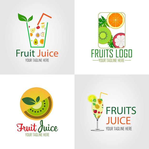 Vector set van logo-ontwerp van biologisch vers fruit vruchtensap platte ontwerp stijl vectorillustratie