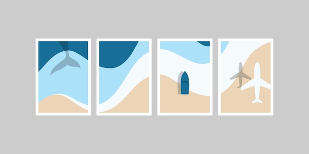 Set van luchtfoto van oceaangolven die de kustlijn en strandzandkust bereiken met blauwe golven Bovenaanzicht poster vectorillustratie