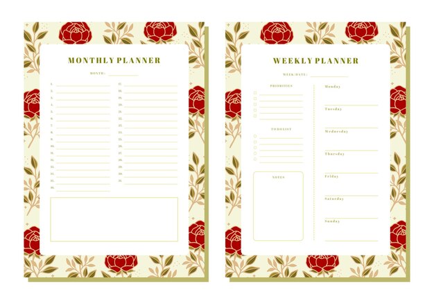 Set van maandelijkse en wekelijkse bloemenplanner met rozen- en bladelementen