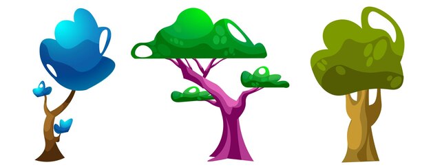 Vector set van magische bomen geïsoleerd op een witte achtergrond. rpg-fantasie-elementen. cartoon vectorillustratie