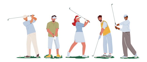 Set van mannen en vrouwen in sport uniform houden golfclub in de hand op speelcursus geïsoleerd op een witte achtergrond. Zomertijd Vrije tijd, sporttraining of competitie. Cartoon mensen vectorillustratie.