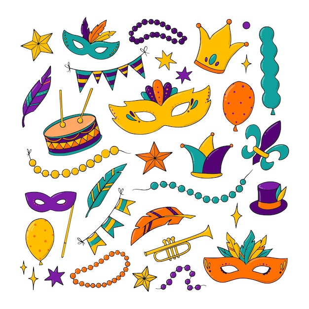 Set van mardi gras doodles, clip art, decoratieve elementen voor prints, stickers, pictogrammen, prenten, kaarten