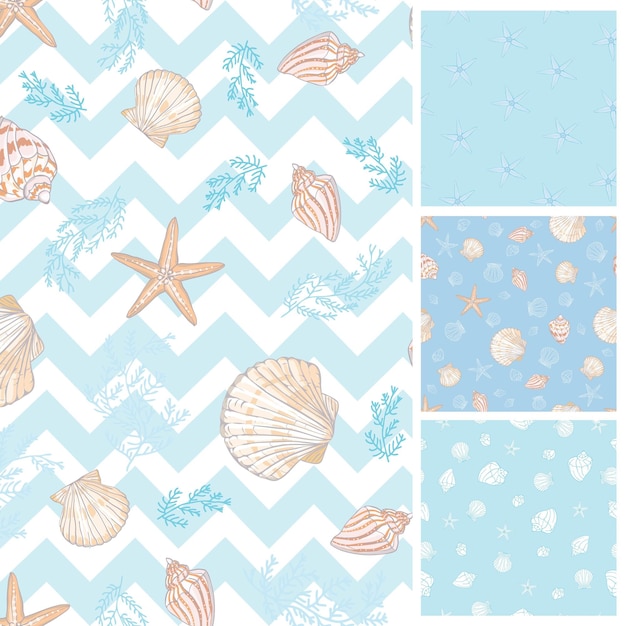 Vector set van mariene en nautische achtergronden in marineblauwe en witte kleuren zee thema leuke naadloze patronen collectie vectorillustratie