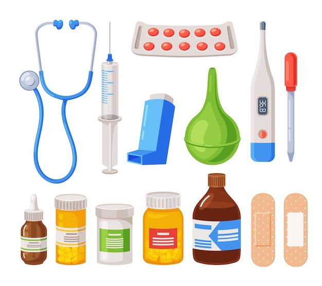 Set Van Medische Artikelen Stethoscoop Spuit Inhalator Klysma Thermometer En Pipet Medicatie Potten Pillen En Pleister