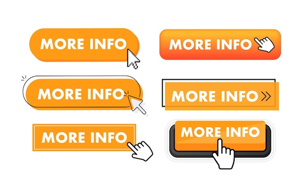 Set van meer info-knop Handaanwijzer klikken Meer info web knoppen